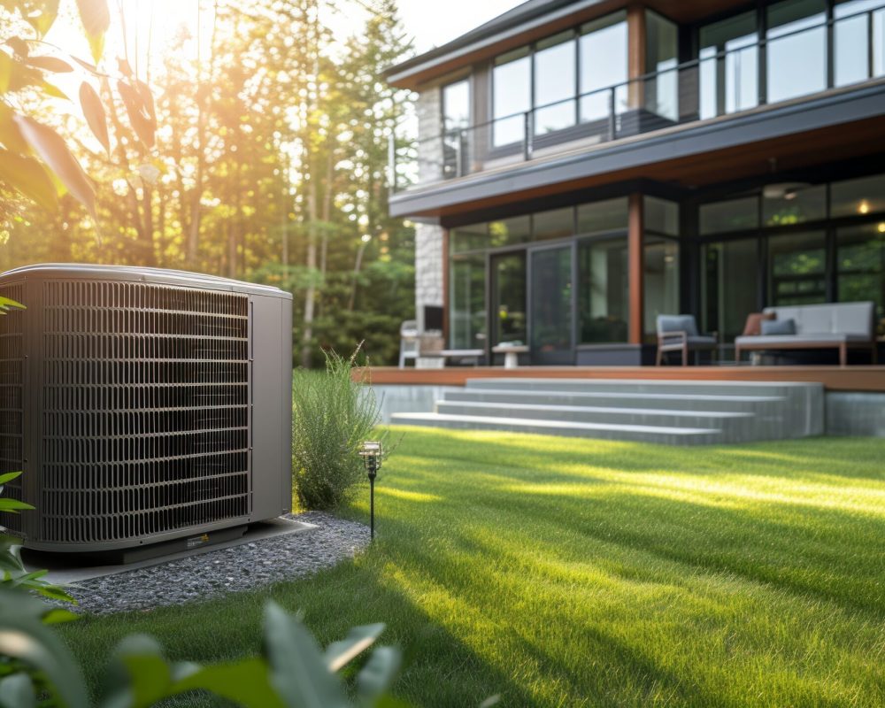 Heat pump located near a contemporary residence. large copyspace area.
